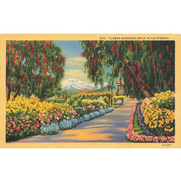 Postcard Flower Bordered Walk In California Vintage Linen Unposted 1930-1950 - Picture 1 of 2